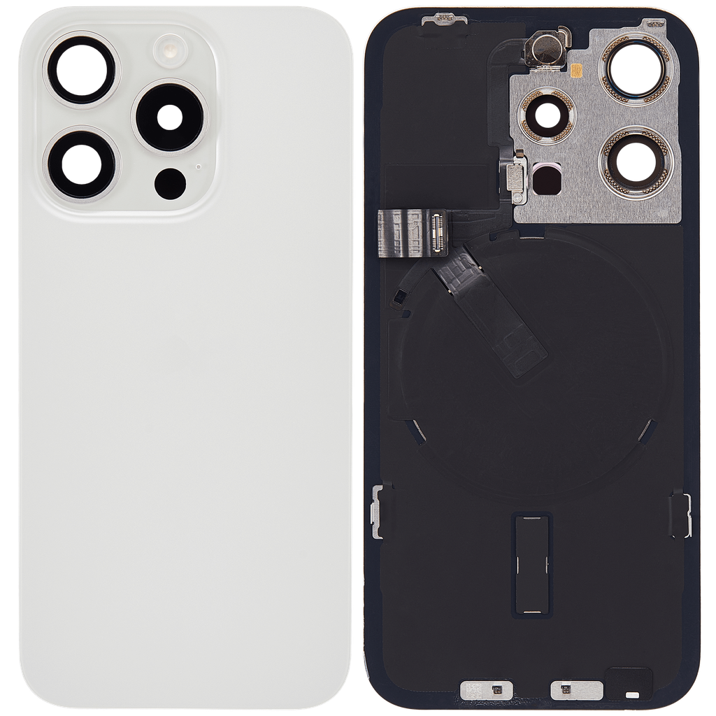 Vitre arrière avec adhésif et MagSafe original pour iPhone 15 Pro - Avec Logo - Grade A - Blanc Titane