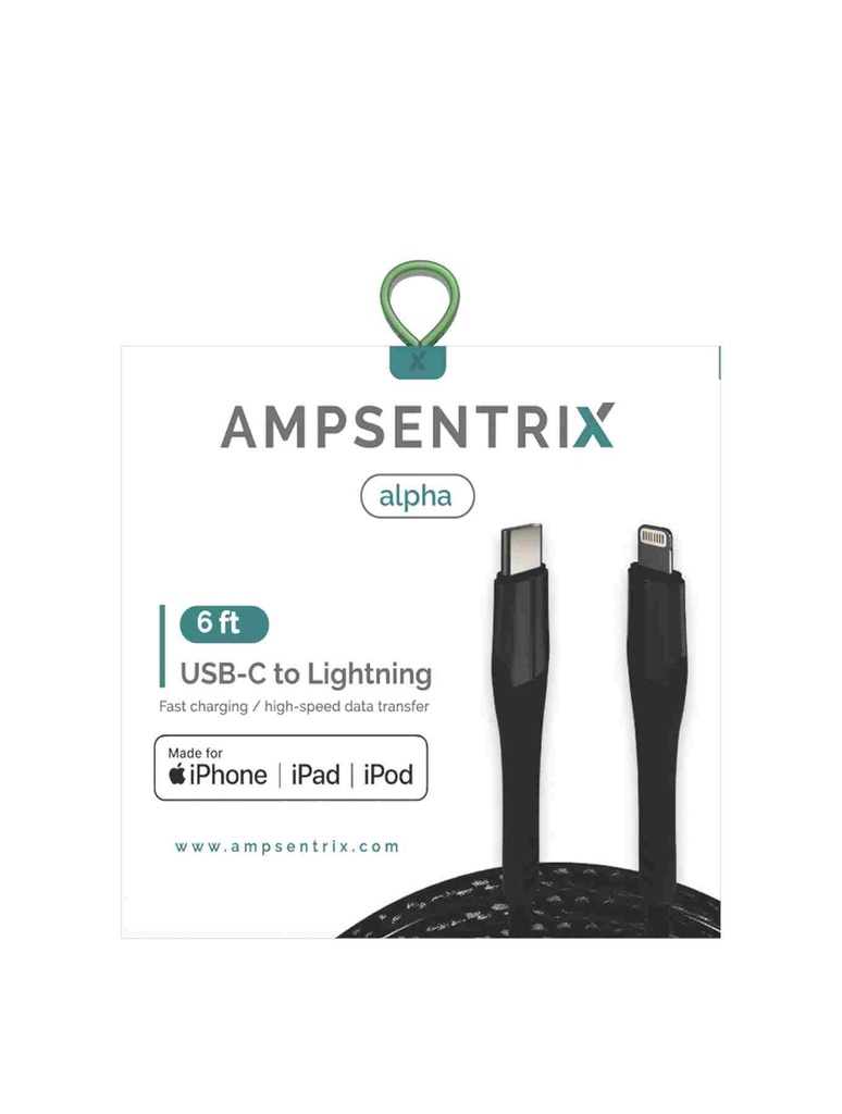 Câble MFI Lightning Vers USB Type C - 2m - Ampsentrix - Alpha - Noir