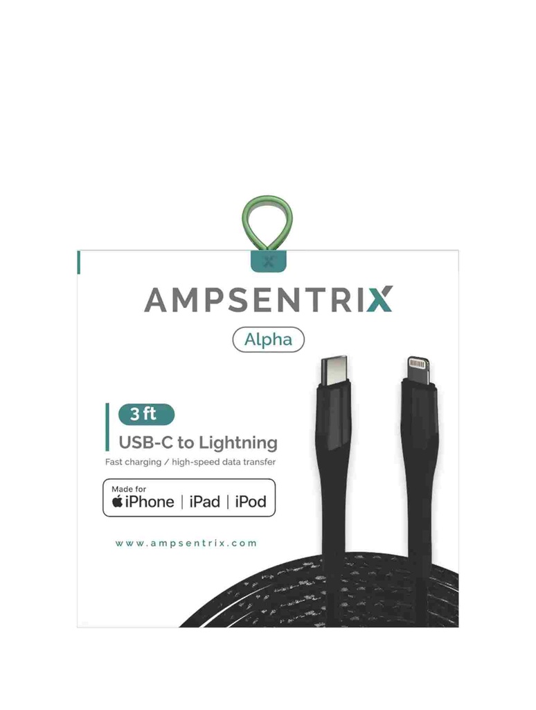 Câble MFI Lightning vers USB Type C - 1m - Ampsentrix - Alpha - Noir