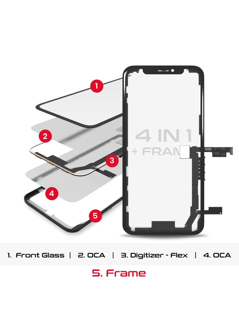 4 en 1 vitre tactile, OCA préinstallé, Long Touch et châssis compatibles iPhone XS Max - OCA Master