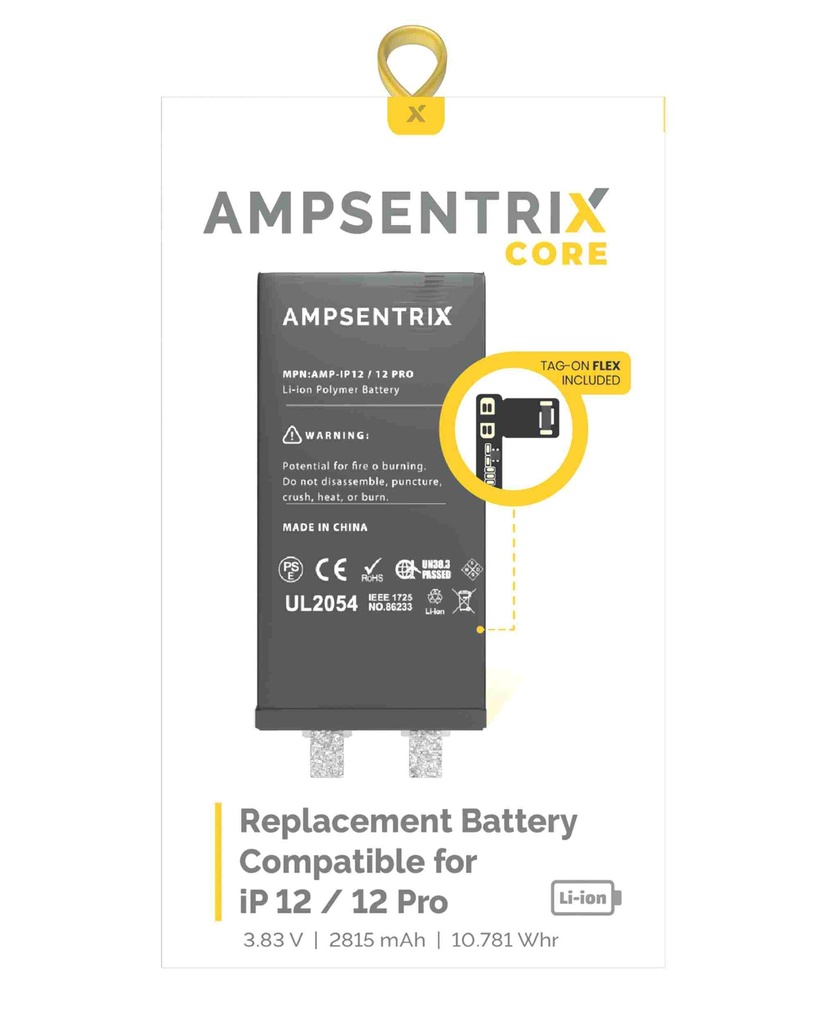 Batterie SANS BMS avec Tag-On Flex compatible iPhone 12 et 12 Pro - Soudure nécessaire - AmpSentrix Core