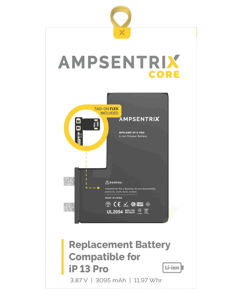 Batterie SANS BMS avec Tag-On Flex compatible iPhone 13 Pro - Soudure nécessaire - AmpSentrix Core