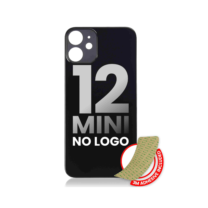 Vitre arrière avec adhésif 3M compatible iPhone 12 Mini - sans logo - Fente large pour caméra - Noir