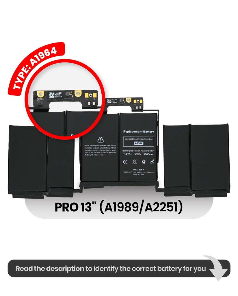 Batterie A1964 compatible MacBook Pro 13" - A1989 Fin 2018 Début 2019 et A2251 Milieu 2020