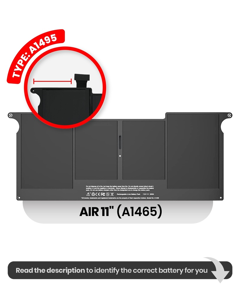 Batterie A1495 compatible pour MacBook Air 11" - A1465 Milieu 2013 Début 2014 Début 2015