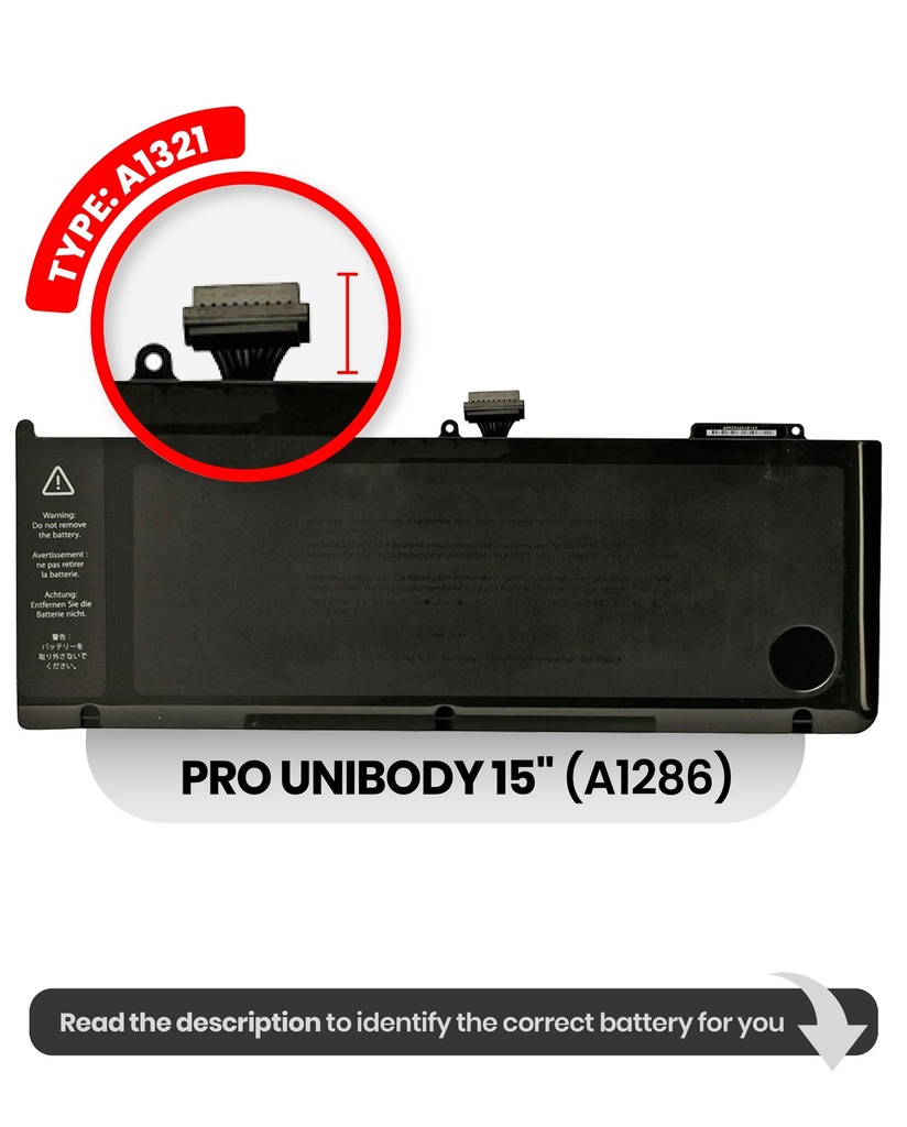 Batterie A1321 compatible pour MacBook Pro Unibody 15" - A1286 Milieu 2009 Milieu 2010
