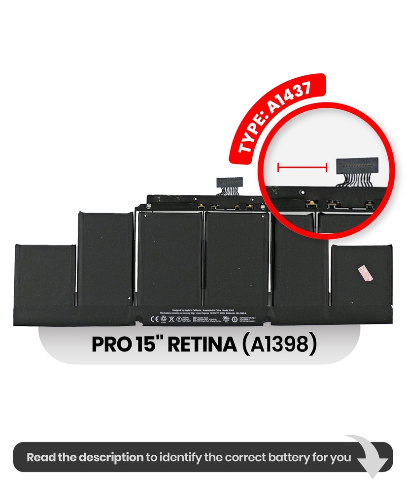 Batterie A1417 compatible MacBook Pro Retina 15" - A1398 Milieu 2012 Début 2013