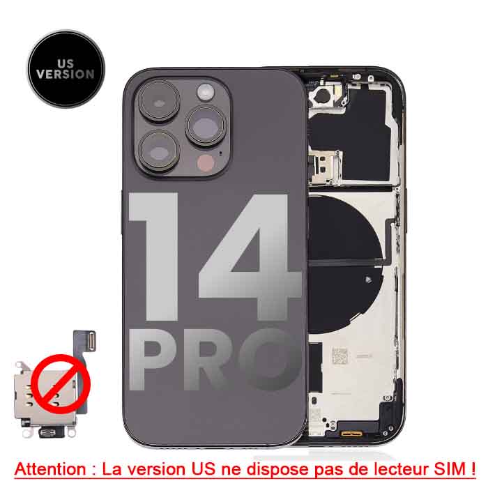 Chassis arrière avec petit composant pré installé pour iPhone 14 Pro - Grade A - avec logo - Version US sans lecteur SIM - Noir