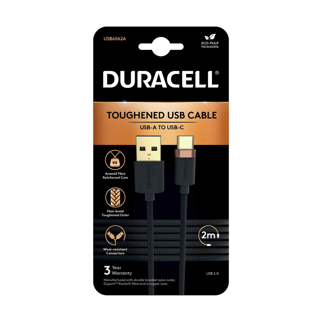 Câble tressé USB-A vers USB-C 2M - Duracell - Noir