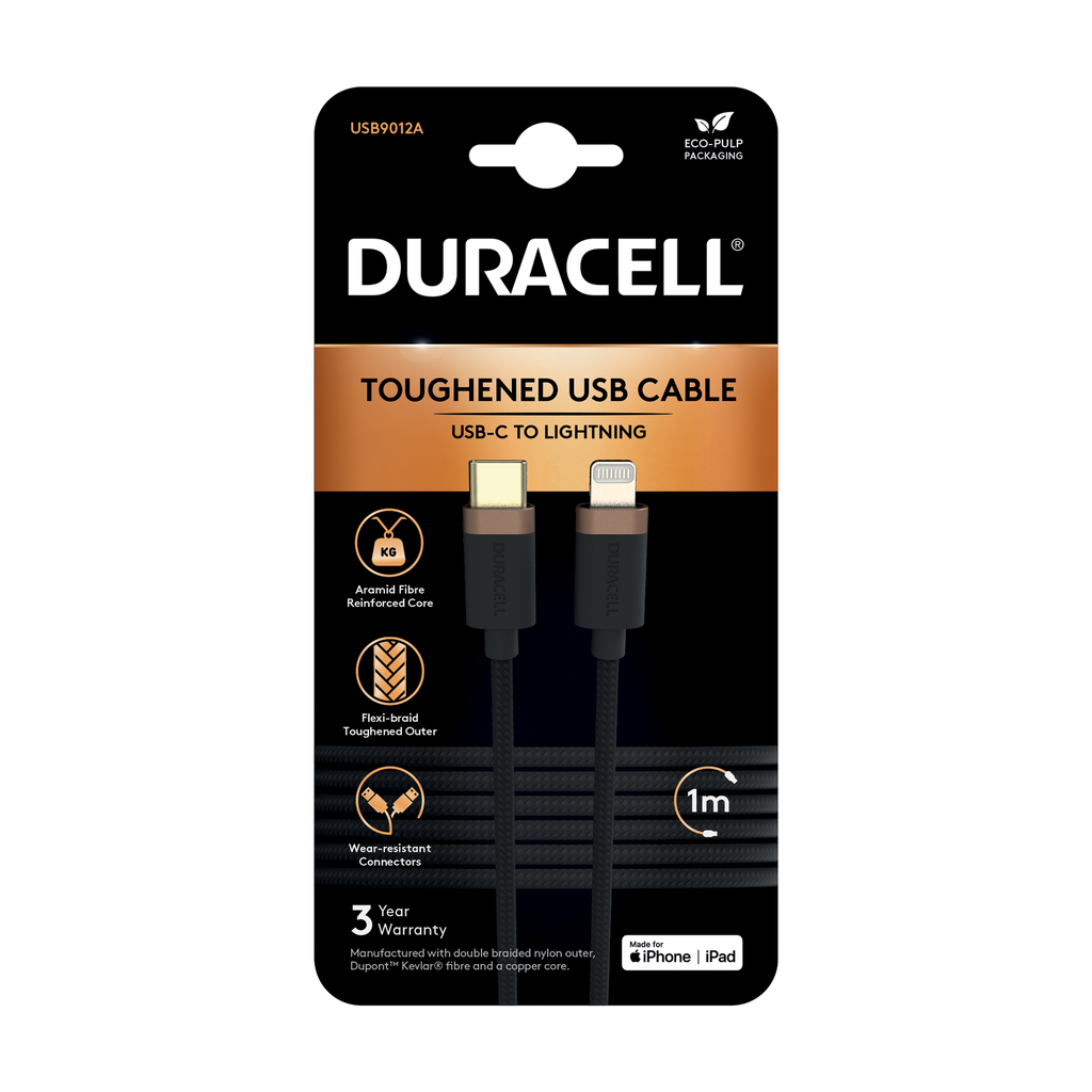 Câble tressé USB-C vers Lightning 1M - Duracell - Noir