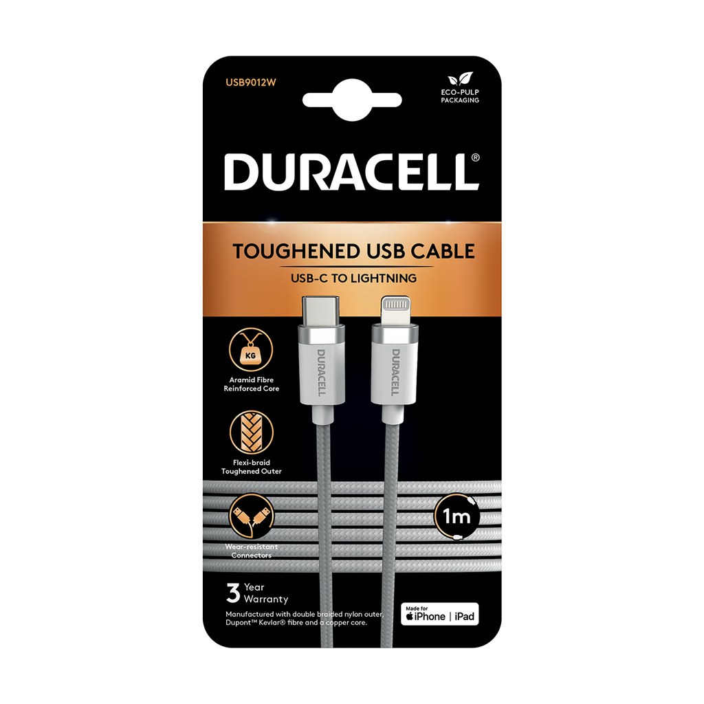 Câble tressé USB-C vers Lightning 1M - Duracell - Blanc