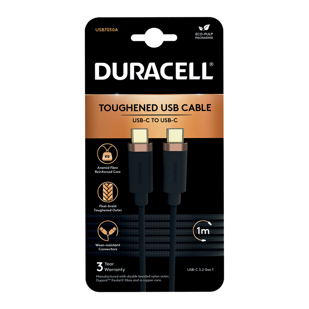 Câble tressé USB-C-USB-C 3.2 Gen1 1M - Duracell - Noir