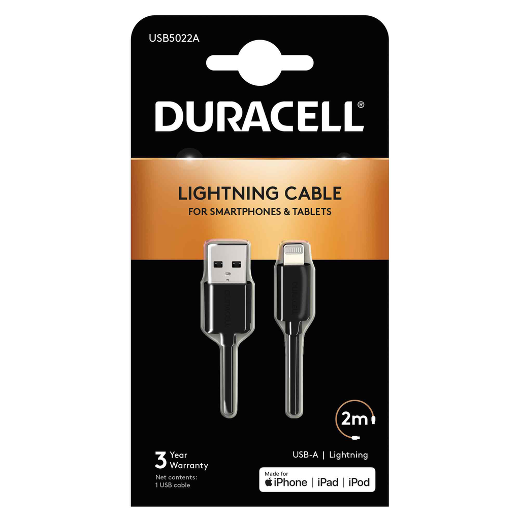 Câble USB-A vers Lightning C89 2M - Duracell - Noir