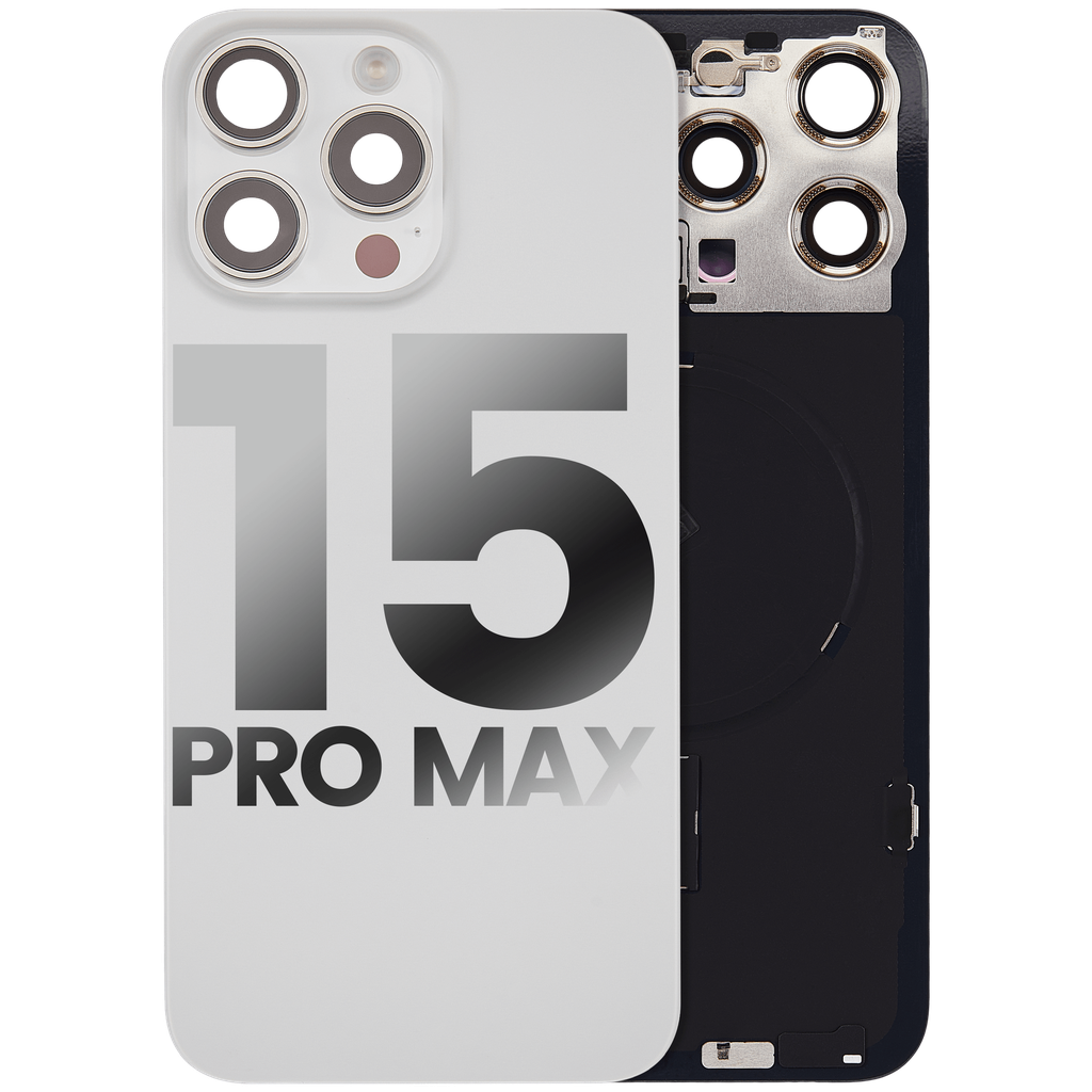 Vitre arrière avec adhésif et MagSafe original pour iPhone 15 Pro Max - Avec Logo - Grade A - Blanc Titane