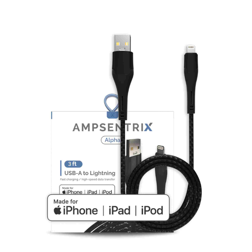 [107084047314] Câble USB-A vers Lightning MFI - 1m - AmpSentrix - Alpha - Noir