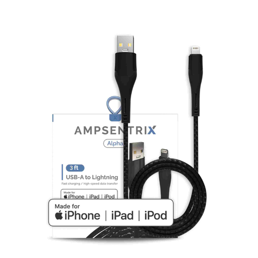 [107084047314] Câble USB-A vers Lightning MFI - 1m - Ampsentrix - Alpha - Noir