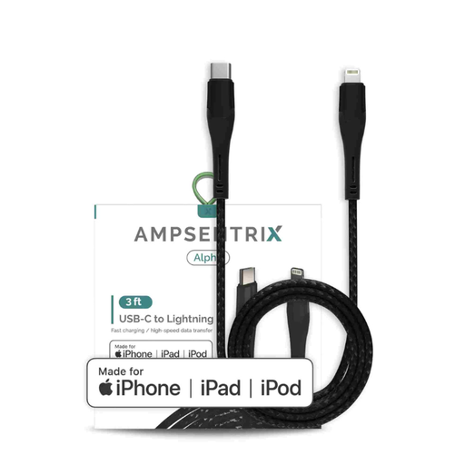 [107084045235] Câble USB-C vers Lightning MFI - 1m - AmpSentrix - Alpha - Noir