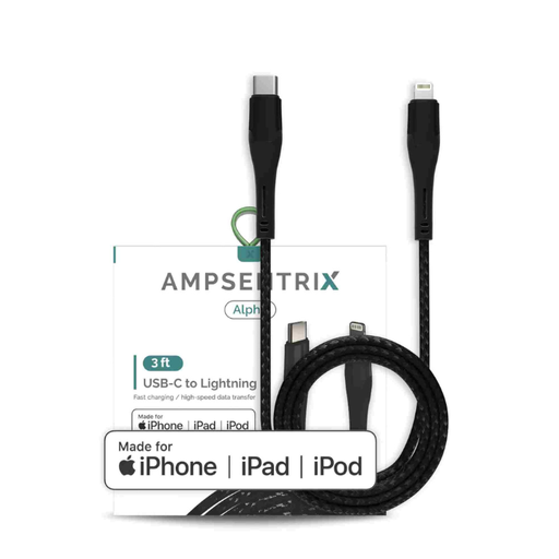 [107084045235] Câble USB-C vers Lightning MFI - 1m - Ampsentrix - Alpha - Noir