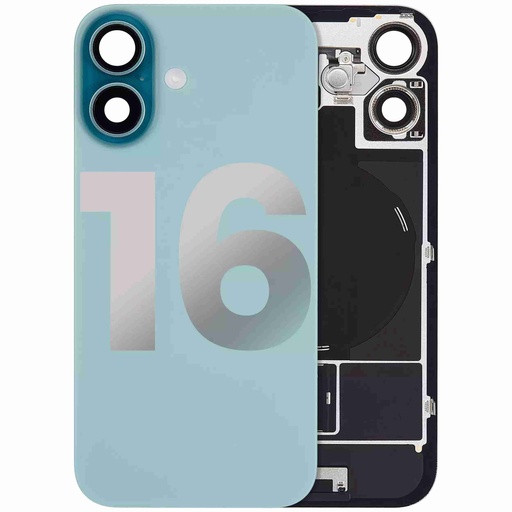 Vitre arrière ORIGINALE pour iPhone 16 - avec plaque en métal - NFC - Magsafe - Nappe Flash - Grade A - Bleu Sarcelle