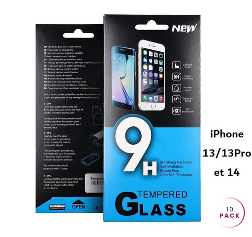 Lot de 10 verres trempés pour iPhone 13 - 13 Pro - 14