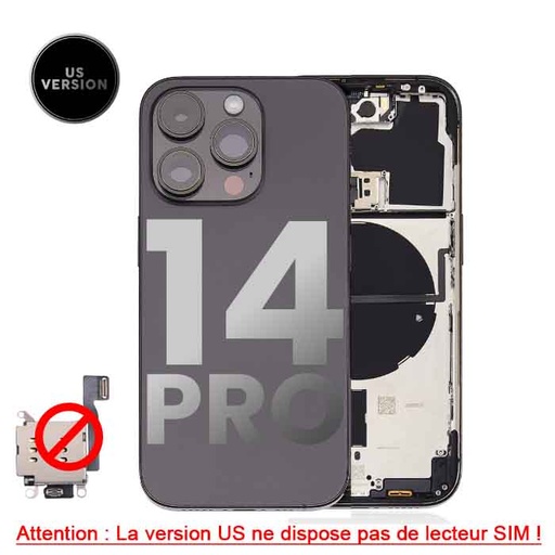 [107081017146] Chassis arrière avec petit composant pré installé pour iPhone 14 Pro - Grade A - avec logo - Version US sans lecteur SIM - Noir