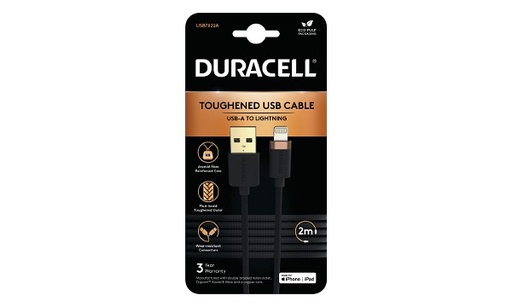 Câble tressé USB-A vers Lightning 2M - Duracell - Noir