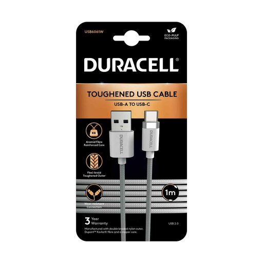 [USB6061W] Câble tressé USB-A vers USB-C 1M Duracell - Blanc