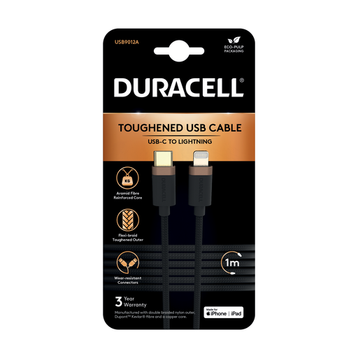 [USB9012A] Câble tressé USB-C vers Lightning 1M - Duracell - Noir