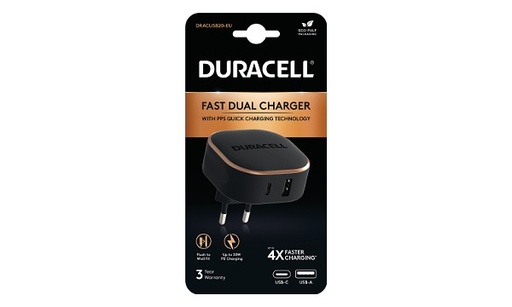 [DRACUSB20-EU] Chargeur USB-A et USB-C 30W + QC3.0 - 18W partagé - Duracell - Noir