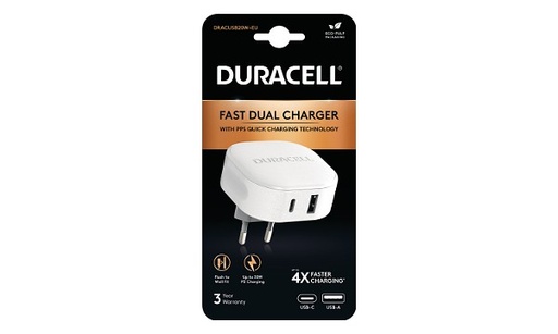 [DRACUSB20W-EU] Chargeur USB-A et USB-C 30W + QC3.0 - 18W partagé - Duracell - Blanc