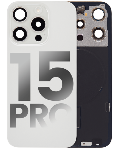 Vitre arrière ORIGINALE pour iPhone 15 Pro - avec plaque en métal - Nappe NFC - Nappe Flash - Aimant MagSafe - Grade A - Titane blanc - original occasion