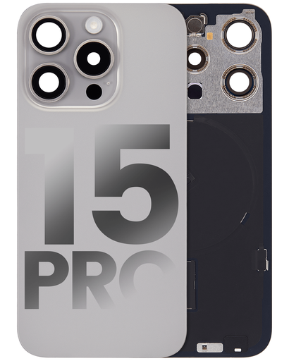 Vitre arrière ORIGINALE pour iPhone 15 Pro - avec plaque en métal - Nappe NFC - Nappe Flash - Aimant MagSafe - Grade A - Titane Naturel - original occasion