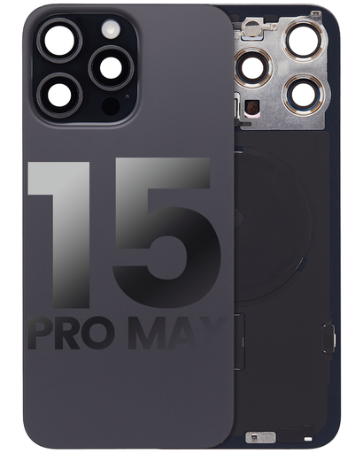 Vitre arrière ORIGINALE pour iPhone 15 Pro Max - avec plaque en métal - Nappe NFC - Nappe Flash - Aimant MagSafe - Grade A - Titane Noir - original occasion