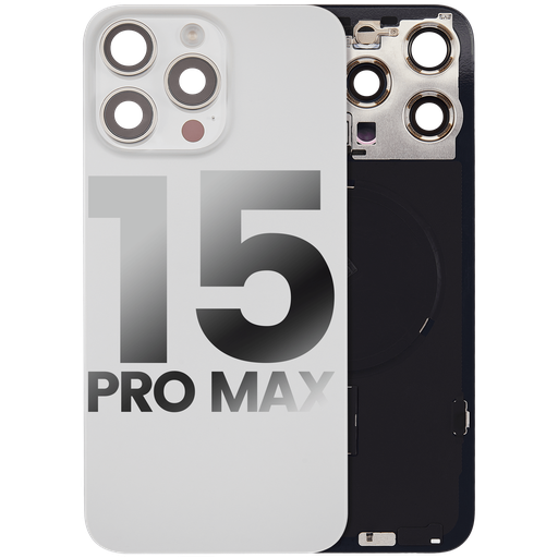 Vitre arrière ORIGINALE pour iPhone 15 Pro Max - avec plaque en métal - Nappe NFC - Nappe Flash - Aimant MagSafe - Grade A - Titane Blanc - original occasion