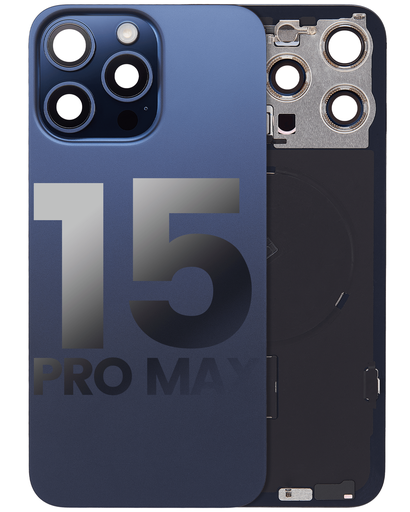 Vitre arrière ORIGINALE pour iPhone 15 Pro Max - avec plaque en métal - Nappe NFC - Nappe Flash - Aimant MagSafe - Grade A - Titane bleu - original occasion