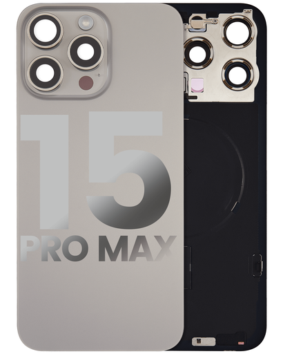 Vitre arrière ORIGINALE pour iPhone 15 Pro Max - avec plaque en métal - Nappe NFC - Nappe Flash - Aimant MagSafe - Grade A - Titane Naturel - original occasion
