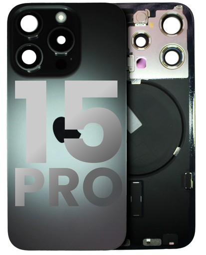 Vitre arrière ORIGINALE pour iPhone 15 Pro - avec plaque en métal - NFC - Magsafe - Nappe Flash - Grade A - Titane noir - original occasion
